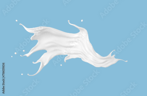 Milk splash isolated on blue background. Natural dairy product, yogurt or cream splash with flying drops. Realistic Vector illustration