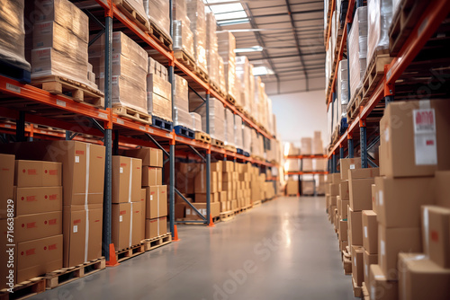 Retail warehouse full of shelves with goods in cardboards and cartons, with pallets and forklifts. Warehouse full of Shelves with boxes for Delivery. Banner Background. © idcreative.ddid