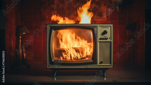 Retro TV with fire fake news concept