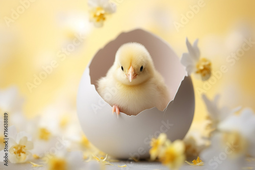 small yellow chick in a white egg shell, spring flowers flying around, easter, pastel background