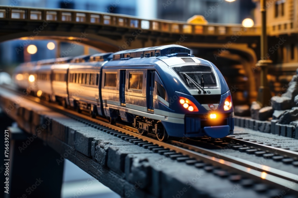 Fototapeta premium Train on the railway in the city at night. Transportation concept.