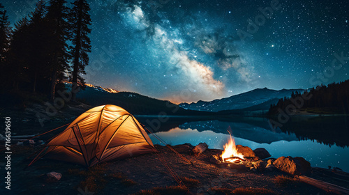 A family camping trip in the mountains with a tent set up near a tranquil lake and a campfire under the stars.