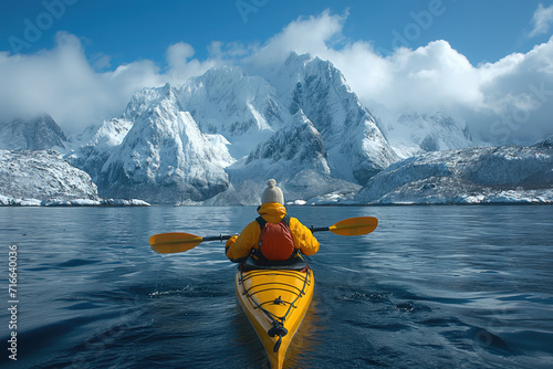 kayaker in a cold sea against the backdrop of cold mountainous arctic shores © Evgeny