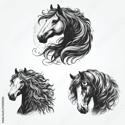 Vintage horse face hand drawn black and white vector illustration collection set
