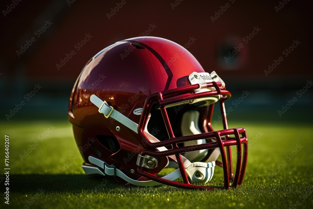 American football helmet on the field with blurred stadium background , AI Generated American football helmet on the field with blurred stadium background , AI Generated