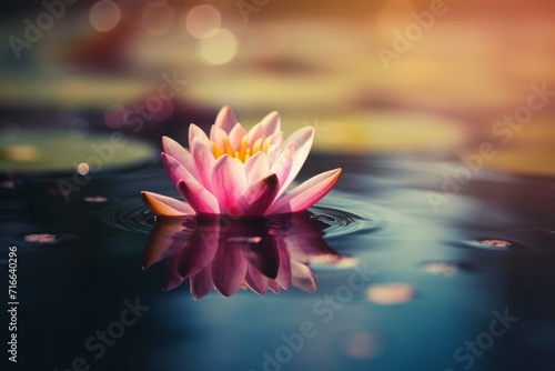 Lotus flower floating on water, symbolizing magic and miracles, with waterlilies in the blurred background. Generative AI