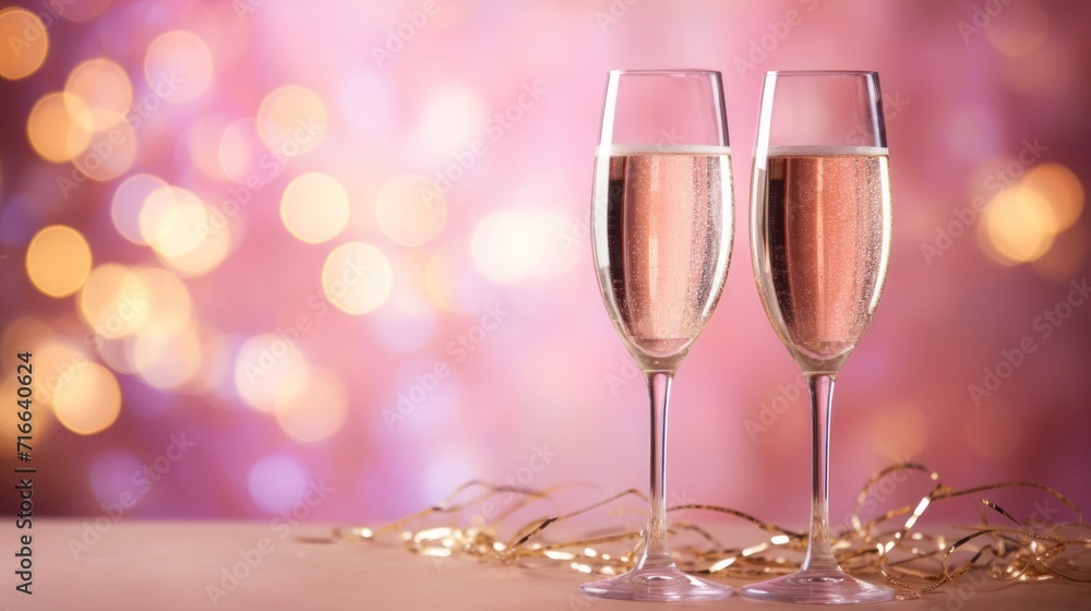 Two glasses of sparkling champagne on pink abstract background and defocused golden bokeh lights, Space for text Two glasses of sparkling champagne on pink abstract background and defocused golden bokeh lights, Space for text