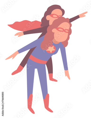 Mom is playing with her daughter. They are dressed in superhero costumes. The girl happily waves her hands. isolated illustration