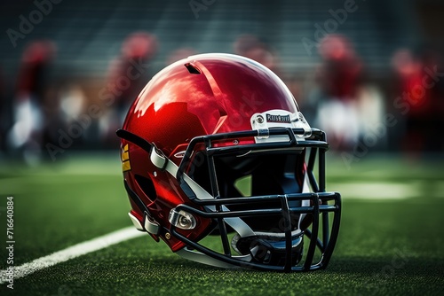American football helmet on the field with blurred stadium background , American football helmet and ball on field at sunset American football concept, AI Generated © Tanu