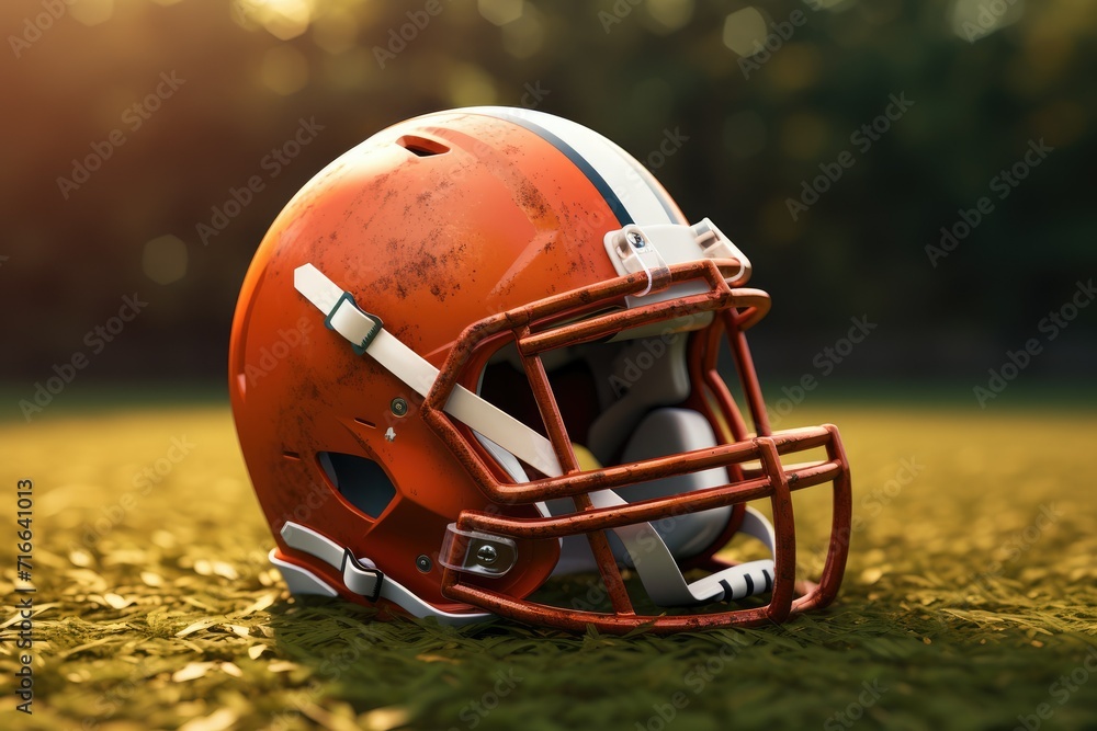 American football helmet on the field with blurred stadium background , American football helmet and ball on field at sunset American football concept, AI Generated American football helmet on the field with blurred stadium background , American football helmet and ball on field at sunset American football concept, AI Generated