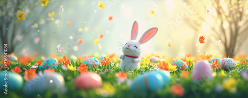 Dreamy view on blooming meadow with funny bunny and colourful eggs around. Easter concept.