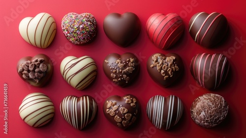 Delectable Assortment of Chocolate Hearts: Decorative Treats on Deep Red - Valentine's Day Concept