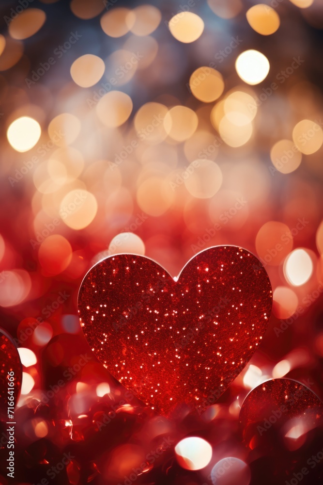Fototapeta premium Romantic Heart Bokeh Over Red Glitter: Dreamy Lights for Festive Occasions - Valentine's Day Concept