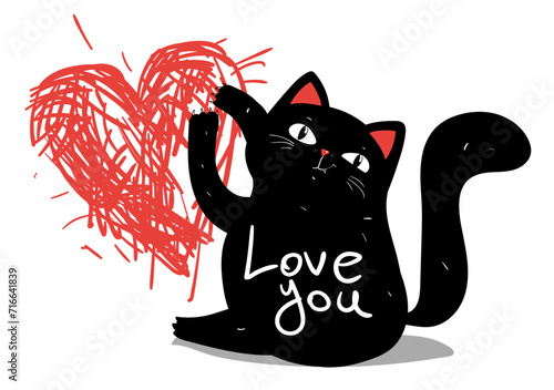 Black sarcastic grumpy cat scratched heart, moody Valentines day greeting card, poster, banner and other, hand drawn funny illustration