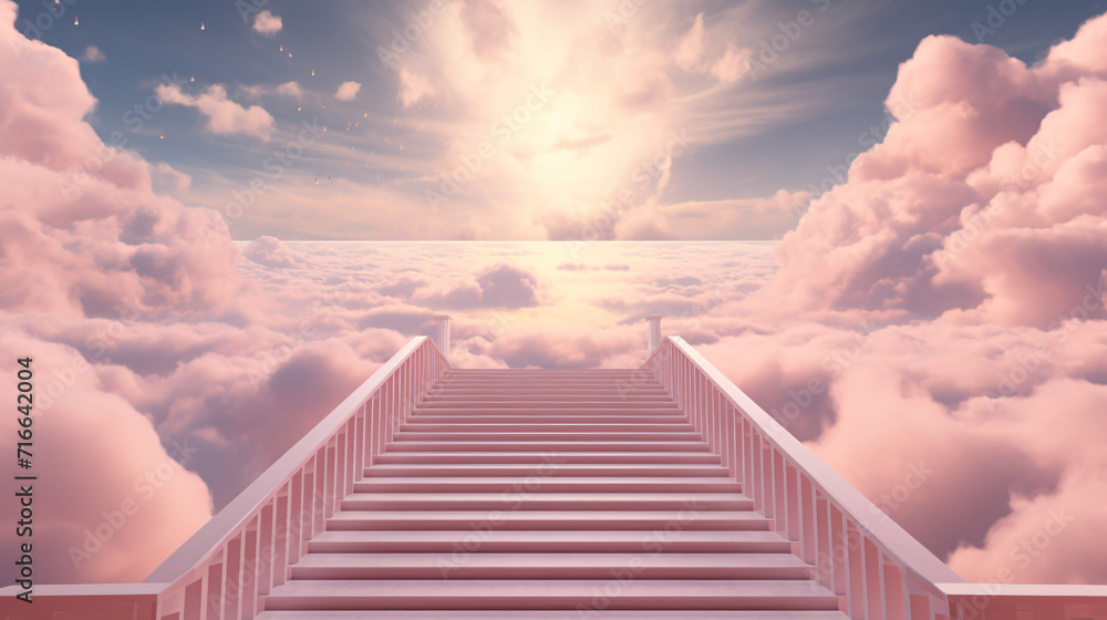 Surreal image of a staircase leading into pink cloud