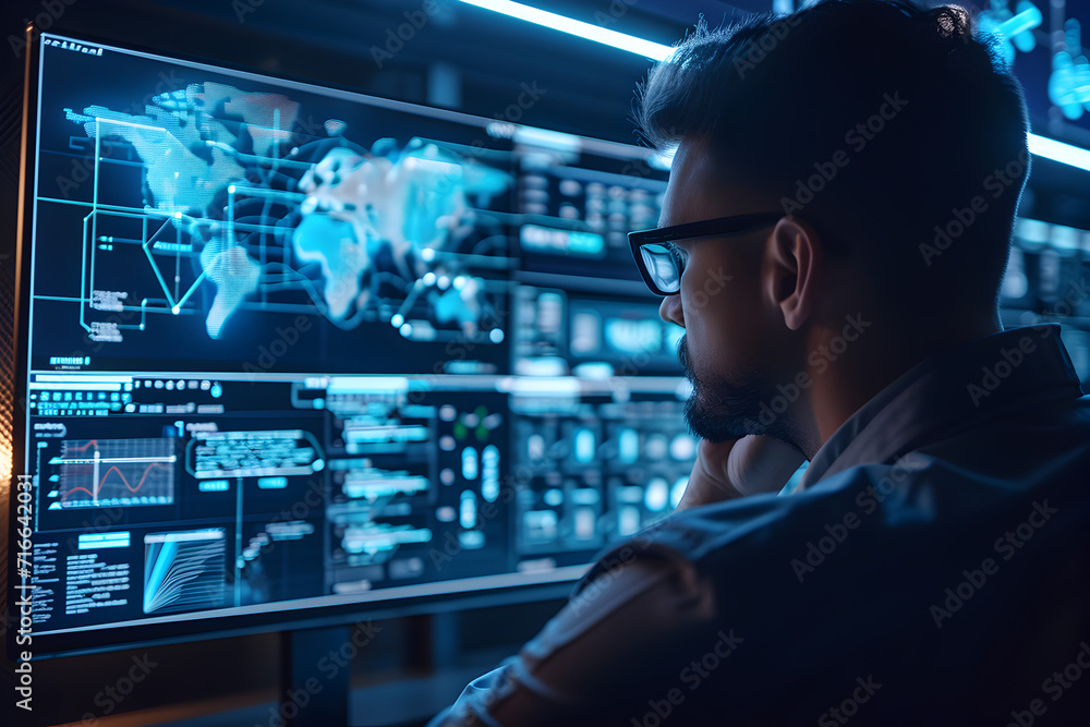 A cybersecurity expert analyzing data on a computer screen with security-related visuals A cybersecurity expert analyzing data on a computer screen with security-related visuals