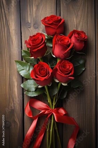 Rustic Elegance with Roses and Ribbon: Red Flowers on White Wood - Valentine's Day Concept