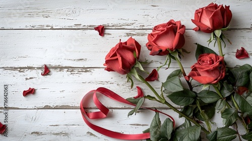 Rustic Elegance with Roses and Ribbon: Red Flowers on White Wood - Valentine's Day Concept
