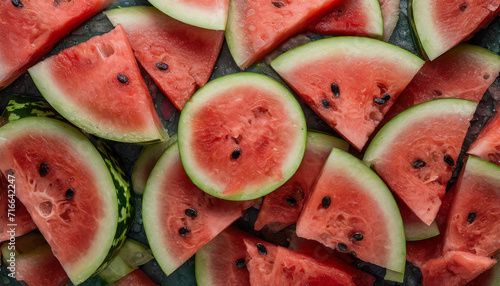 Delicious sweet cut slices of watermelon top view. Delicious fruit, nature organic food. photo