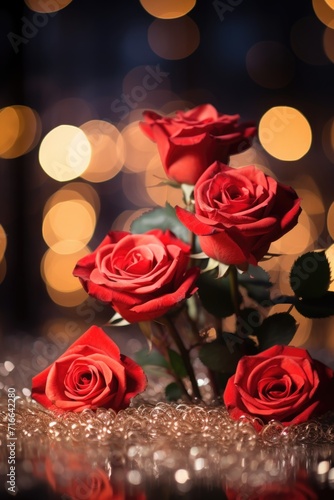 Romantic Red Roses with Heart Bokeh  Dreamy Luminous Backdrop - Valentine s Day Concept