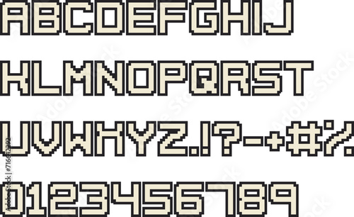 Pixel font. Video arcade computer game design 8 bit letters and numbers. 90s retro style vector alphabet.