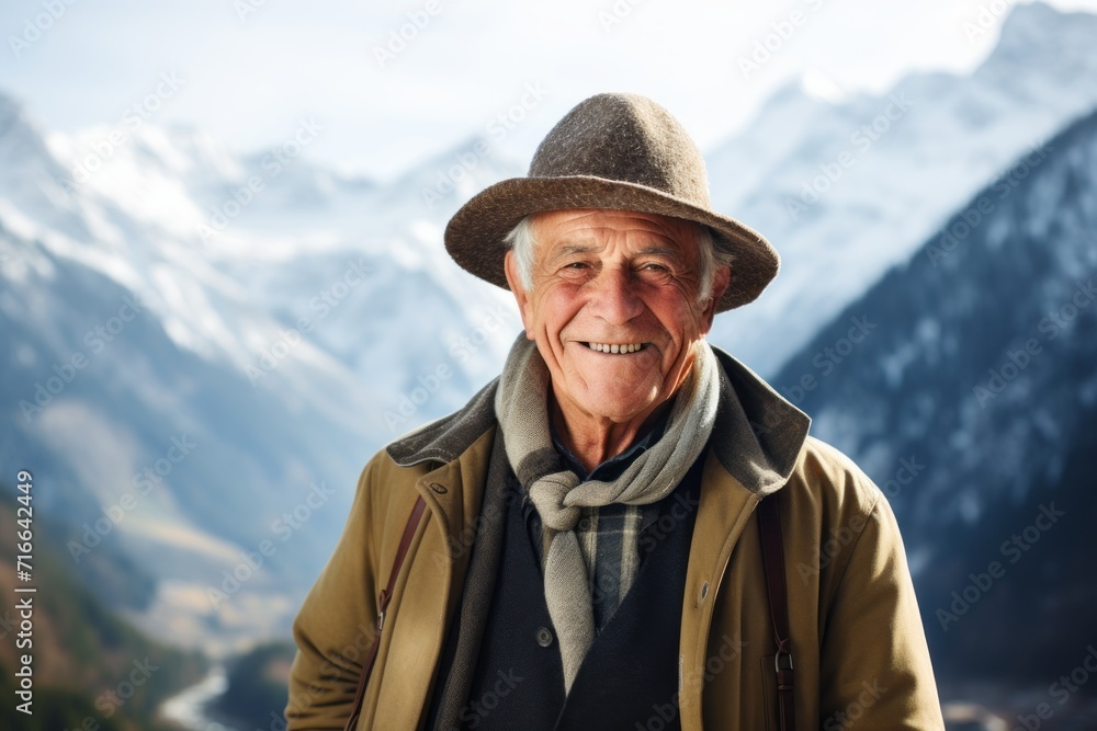 Portrait of a smiling man in his 80s donning a classic fedora against a snowy mountain range. AI Generation