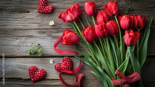 Homely Valentine's Floral Arrangement: Red Tulips with Handcrafted Hearts - Valentine's Day Concept