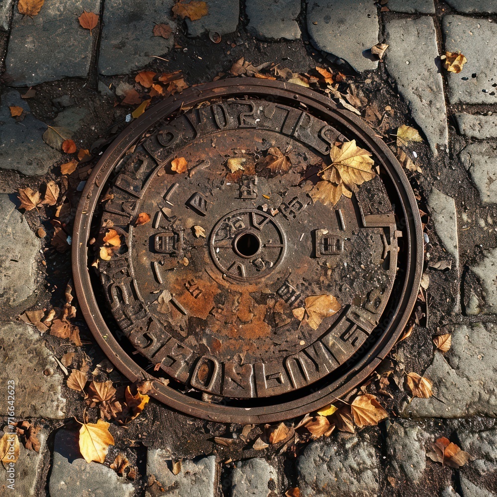 A manhole cover with the surrounding environment  damaged by time - AI Generated Digital Art