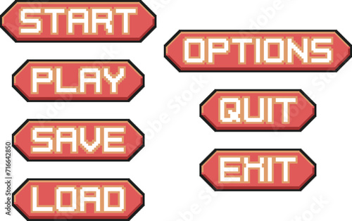 Menu interface buttons pixel art set. 8 bit graphical user interface elements. Game development, mobile app. Isolated vector illustration.