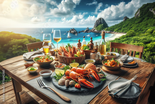 Seafood on wooden table with beautiful view of the sea. photo