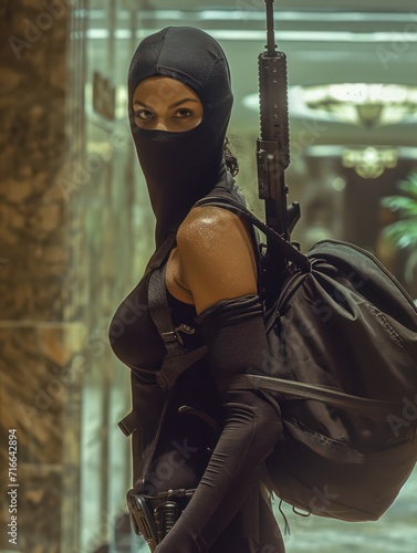 Photograph of  a woman dressed in all black and wearing a balaclava, with a weapon and black duffle bag slung over her back - AI Generated Digital Art