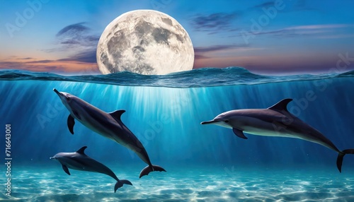 background of amazing crescent full moon over the sea and dolphins under the sea © blackdiamond67