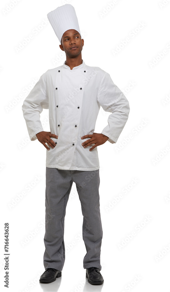 Black man, chef and thinking of idea, professional and confident guy on white studio background. African person, culinary expert and mockup space with career, food industry and employee uniform