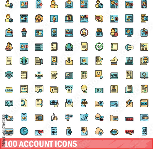 100 account icons set. Color line set of account vector icons thin line color flat on white