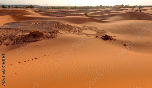 Sand dunes in the Sahara Desert at amazing sunrise  Merzouga  Morocco - Orange dunes in the desert of Morocco - Sahara desert  