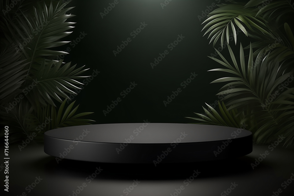 Obraz premium Black podium with tropical leaves on dark background.