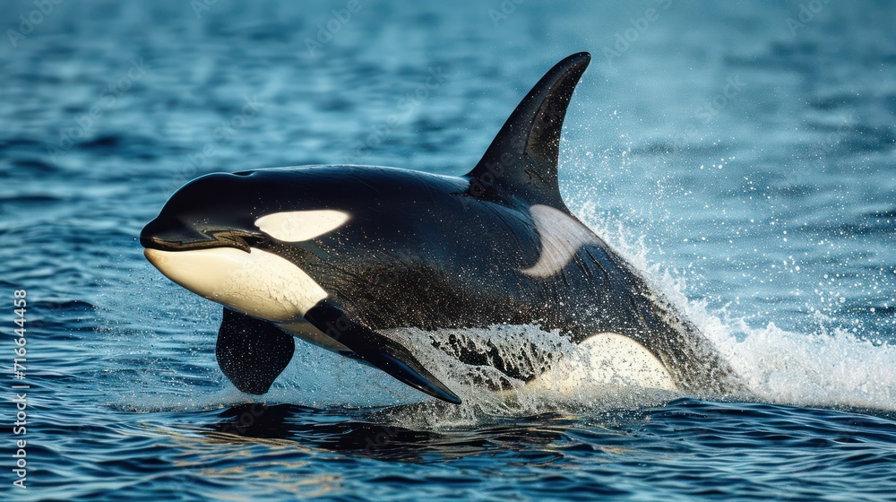 Fototapeta premium Photo of an Orca executing a side jump on sea surface - AI Generated Digital Art
