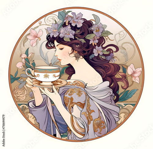 Circular portrait of a young woman with long hair with a cup of tea in her hand, floral motif with ring. Nouveau style.
