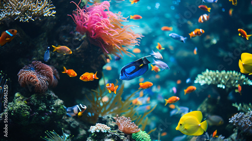 An aquarium filled with tropical fish swimming gracefully among corals and aquatic plants a serene underwater world. © Thomas