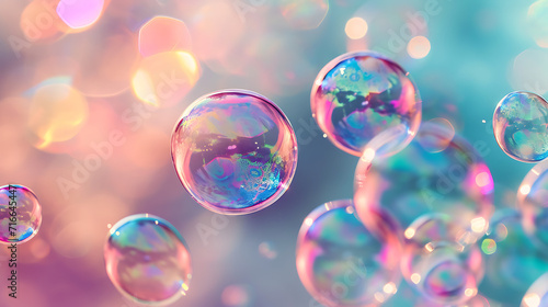 A swirl of iridescent soap bubbles floating in the air, creating a playful and joyful scene against a background of soft pastels.