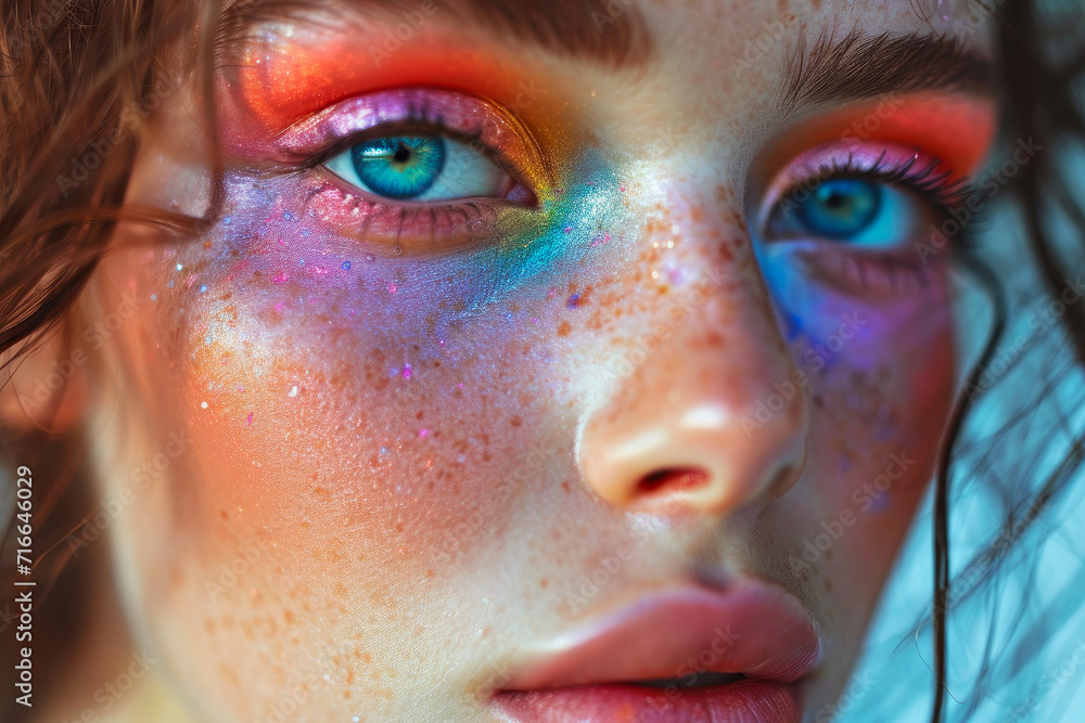 Chromatic Beauty: Lady Showcasing Rainbow Makeup Art