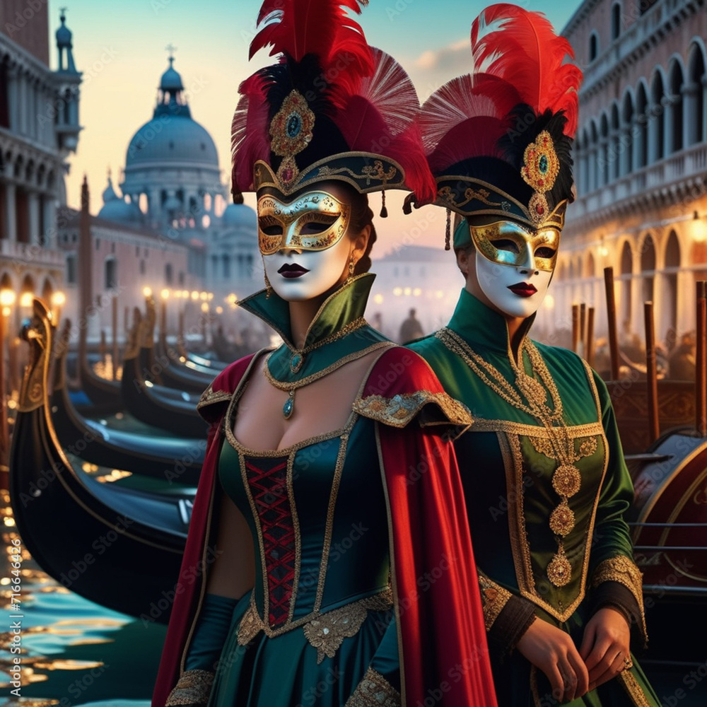 People in period festival costumes posing for the camera at the Venice mask festival in Italy
