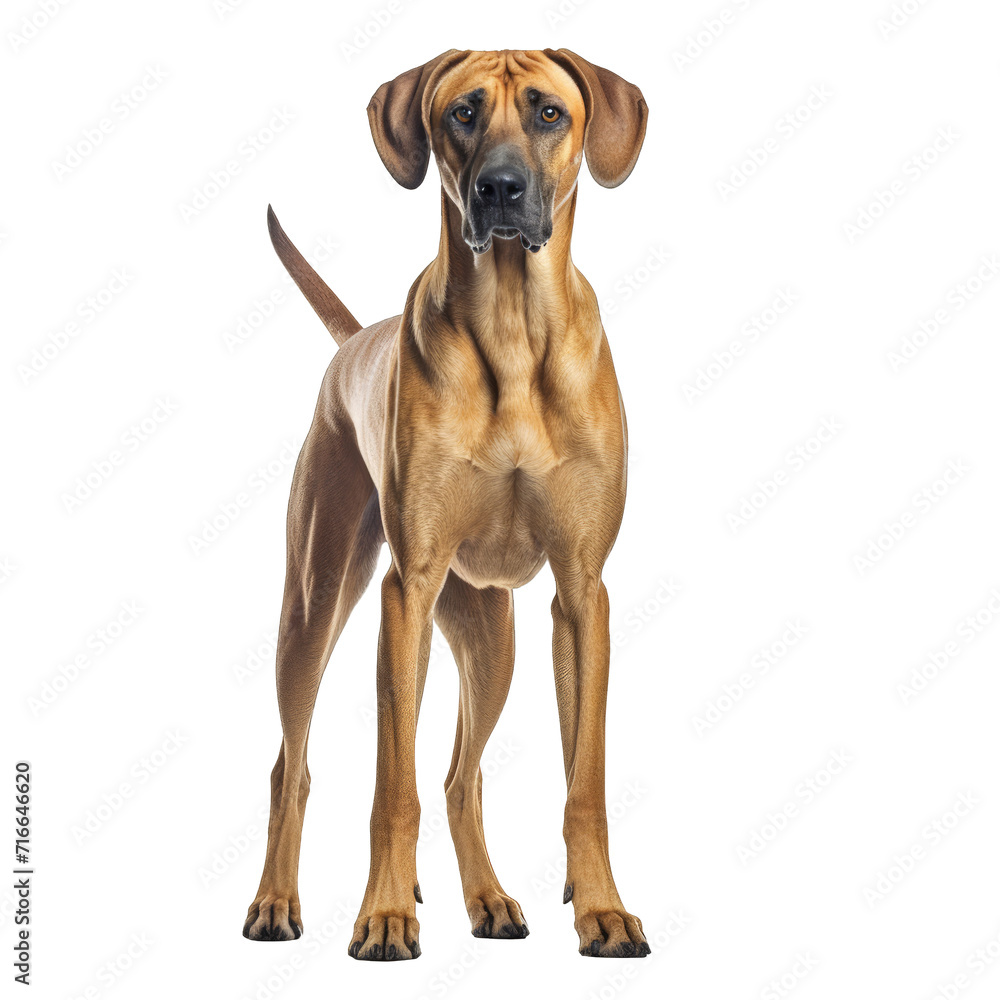 Young Rhodesian Ridgeback dog standing isolated on cutout transparent background