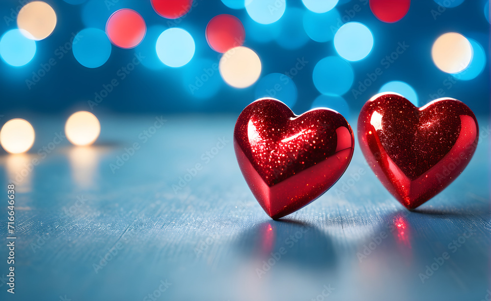 Two small red heart on a sparkling soft blue background, Valentine's Day, Christmas. Generative AI Two small red heart on a sparkling soft blue background, Valentine's Day, Christmas. Generative AI