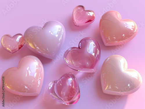 Cluster of glossy, multi-coloured hearts with glass-like reflections.