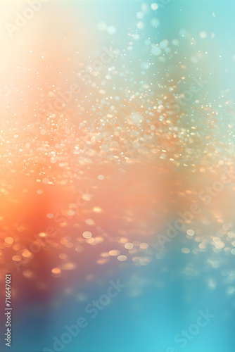 Vibrant abstract soft peach and blue glitter lights background. Circle blurred bokeh. Festive backdrop for holiday or event with copy space.