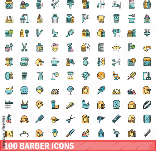 100 barber icons set. Color line set of barber vector icons thin line color flat on white