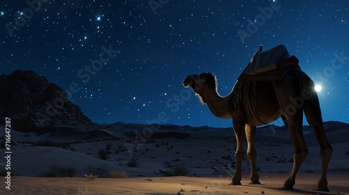 Camel at night in desert with star on Ramadan 