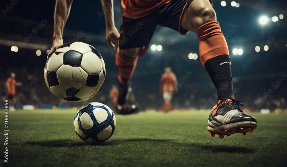 Close up of a soccer striker ready to kicks the ball in the football goal. Soccer scene at night match with player kicking the ball with power