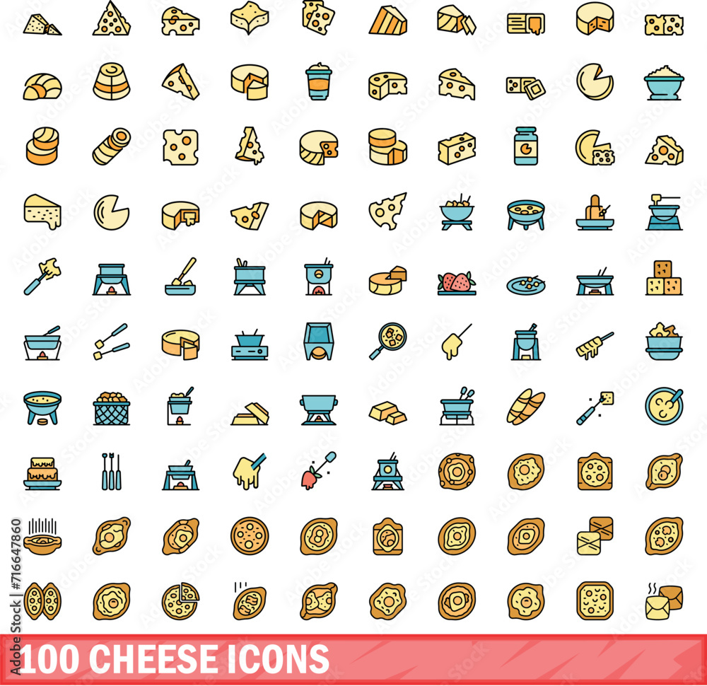 100 cheese icons set. Color line set of cheese vector icons thin line color flat on white 100 cheese icons set. Color line set of cheese vector icons thin line color flat on white